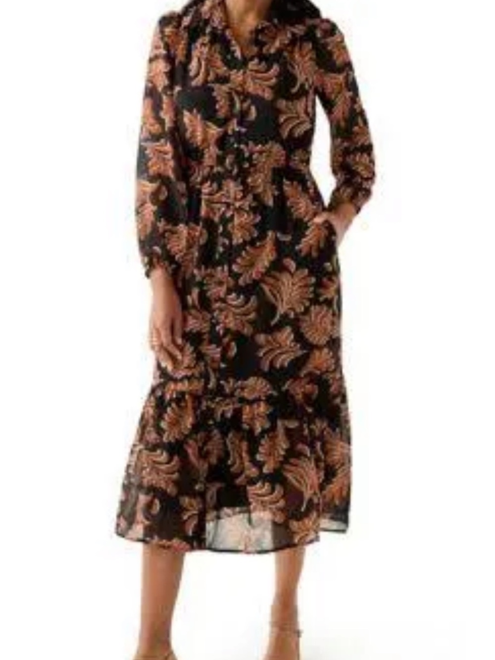 Sandra Darren Black Midi Dress with Copper Floral Print